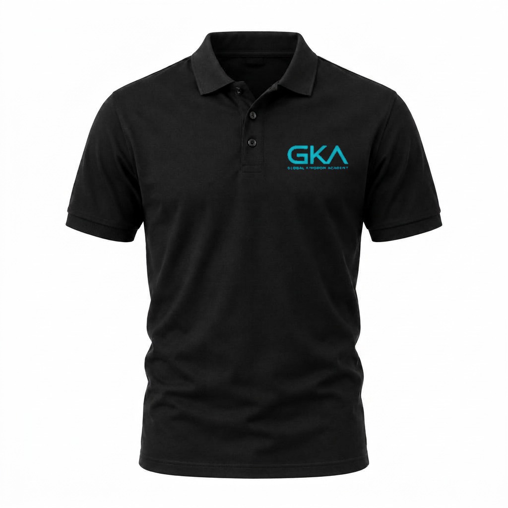 Collar / Polo Shirts in Black with Aqua Blue words, front